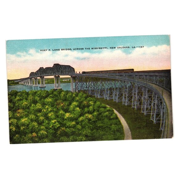 Huey P Long Bridge Postcard New Orleans Mississippi River Vintage Railroad View - Picture 1 of 2